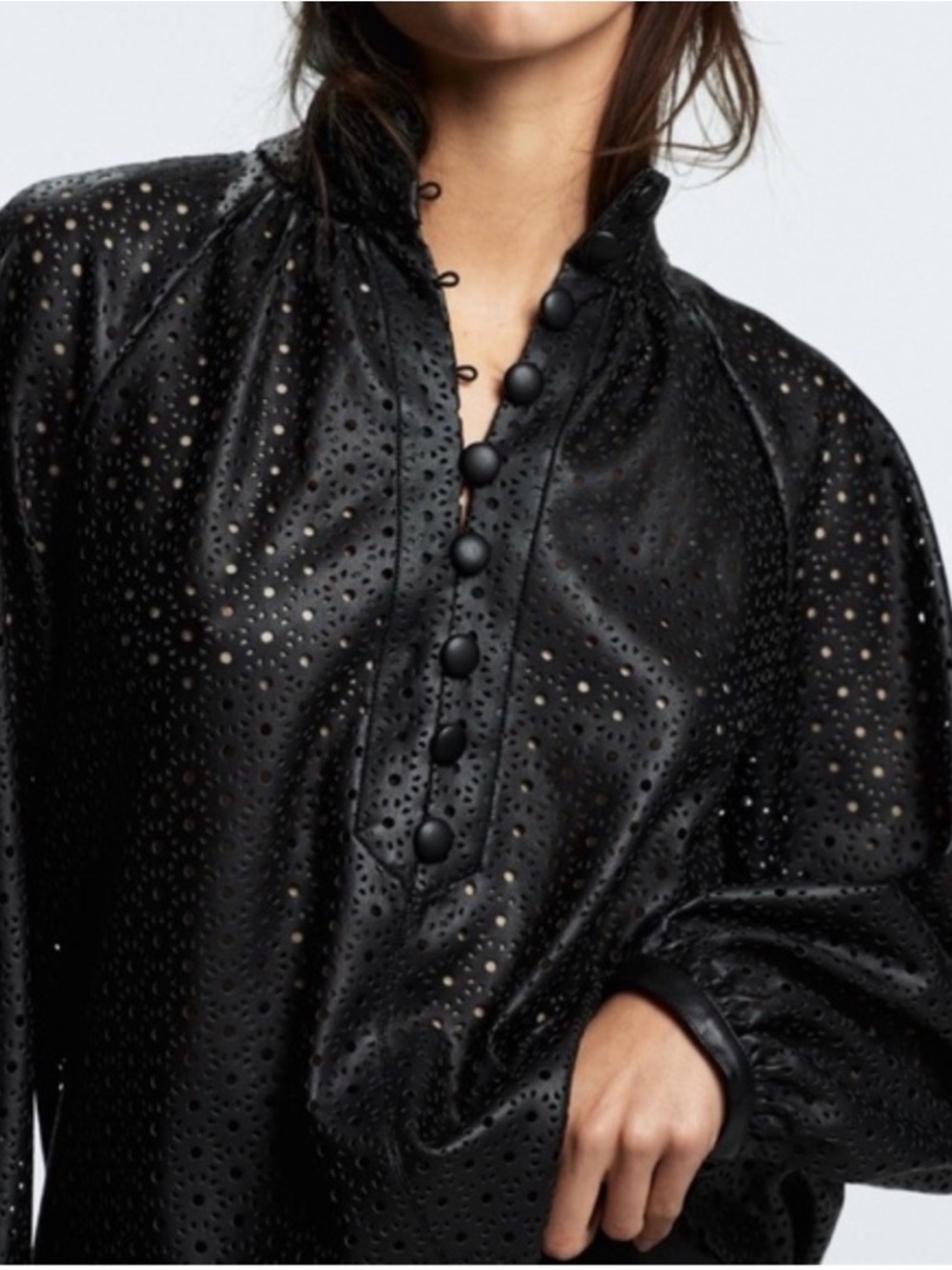 Zara- laser cut black faux leather blouse